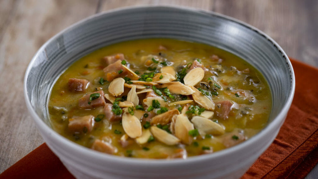 Canadian Wild Rice and Ham Soup with Almonds served with a Pretzel Roll